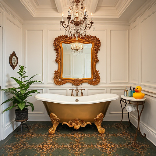 A luxurious Art Deco bathroom vanity set in Sherrills Ford, North Carolina, featuring elegant geometric patterns, polished chrome accents, and a stunning marble countertop with intricate veining. The scene is illuminated by vintage light fixtures, creating a calm mood enhanced by lush greenery visible through a frosted window, hinting at tranquil nearby lake waters. A quirky art deco-style mirror reflects abstract natural elements, accompanied by playful decorative bottles and neatly folded towels. The color palette includes rich teal, gold, and soft whites, promoting a relaxing yet sophisticated atmosphere. Gleaming tiles shimmer under soft light, contrasting with a unique plant arrangement on the vanity, showcasing a blend of design elegance and the natural beauty of the area.