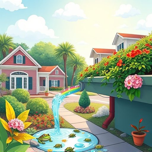 A colorful blog cover image illustrating 'Gutter Replacement in Locust, North Carolina,' featuring a charming home with partially completed guttering. The scene includes vibrant, exaggerated gutters overflowing with water, surrounded by lush green foliage and playful splashes to indicate recent rainfall. In the background, cartoon-like squirrels, holding miniature tools, add a humorous touch while observing the work. The atmosphere is cheerful yet practical, emphasizing the significance of home maintenance. Bright blue skies filled with fluffy white clouds cast dynamic shadows over a well-kept yard, complemented by a small, colorful flower garden. The expressionist art style uses a bold color palette of greens, blues, and warm browns, showcasing the interplay of community spirit and nature's vibrancy, reinforcing the importance of gutter replacement.