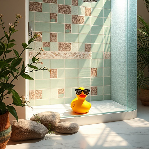 Alt text: A vibrant street art piece featuring a whimsical scene of ornate bathroom vanities inspired by Kings Mountain, North Carolina. The central focus is a creatively exaggerated vanity adorned with colorful mosaics, oversized faucets, and quirky towel racks shaped like animals. Surrounding flora native to North Carolina intertwines with the vanity, adding a lush feel. The background showcases a stylized mountainscape of Kings Mountain, with swirling clouds in vivid blues and purples. Unique bathroom accessories like a pine cone-shaped toothbrush holder and a mirror reflecting a whimsical sun in sunglasses enhance the charm. The rich and warm color palette, with teal and coral accents, creates a lively atmosphere, embodying a playful yet sophisticated tone in street art style.