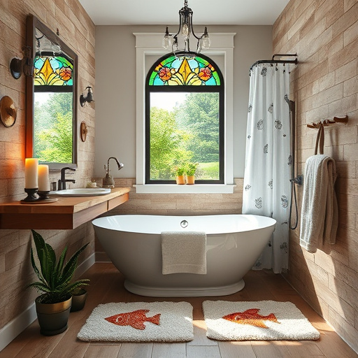 Opulent master bathroom remodel in historic Georgetown, South Carolina, inspired by Baroque art style. Features an intricately designed vanity with ornate, gilded mirrors reflecting soft candlelight, creating a warm glow. Elegant claw-foot tubs filled with fragrant petals serve as a serene focal point. Lush fabrics in rich blues and golds enhance the opulent aesthetic. A whimsical chandelier made of sea shells adds coastal charm. Delicate floral motifs and filigree embellishments adorn the tiled walls, blending luxurious warmth with artistic beauty. The calm yet sophisticated atmosphere invites relaxation. A frosted window hints at historic architecture while allowing natural light to illuminate the space, showcasing a dreamy balance of traditional elegance and coastal tranquility. Ideal for a home design and remodeling blog cover.