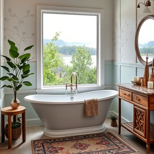 A spacious master bathroom remodel in Wingate, North Carolina, featuring elegant fixtures and a relaxing soaking tub surrounded by warm hues. Highlights include polished marble countertops, a stylish double vanity with antique brass faucets, and a walk-in shower with frameless glass doors and intricate tile work in a subtle geometric pattern. The calming atmosphere is enhanced by a quirky potted plant on the window sill, an artistic mirror reflecting soft ambient light, and a frosted window allowing natural light to fill the space. Textured wallpaper in soft mint green adds a modern twist, while the color palette of earthy tones, soft whites, and subtle greens promotes tranquility, showcasing this bathroom as a luxurious sanctuary of peace and elegance.