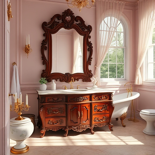 A beautifully arranged bathroom scene featuring elegant vanities typical of Davidson, North Carolina. In the foreground, sleek modern vanities made from rich dark woods and polished marble countertops are aligned, showcasing unique details like vintage hardware and minimalist designs that blend traditional Southern charm with contemporary aesthetics. The scene exudes sophistication and invites warmth and comfort. Quirky accents such as whimsical sea turtle-shaped soap dispensers and fluffy decorative towels with playful patterns add a personal touch. The background includes a window with softly billowing curtains, allowing natural light to filter in and illuminate the vanities, while soft shadows enhance the inviting feel. Outside, glimpses of lush greenery and blooming hydrangeas reflect North Carolina's vibrant flora, enhancing tranquility and connection to nature. The color palette features soothing whites, soft greens, and warm earthy tones, creating a calm and serene atmosphere that transforms practical bathroom vanities into luxurious yet approachable lifestyle imagery.