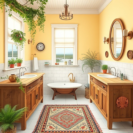 A blog cover image featuring an elegant bathroom vanity in a rustic setting inspired by Mount Gilead, North Carolina. The centerpiece is a beautifully crafted wooden vanity with intricate carvings and a smooth marble top, embellished with stylish vintage fixtures. Colorful handmade soaps are artistically arranged on the countertop, showcasing local craftsmanship. The atmosphere is calm and inviting, suggesting a serene retreat. Surrounding the vanity is a whimsical oversized mirror framed with delicate ivy leaves and a small potted plant that adds vibrant greenery. The soft, pastel-colored tiled walls are illuminated by warm light, creating a soothing ambiance. Gentle reflections dance on the marble surface, enhancing the serene composition. The background features abstract impressions of tall pines and rolling hills, rendered in muted greens, soft blues, and warm creams, evocative of ColorFieldPainting, underscoring themes of relaxation and home beautification.