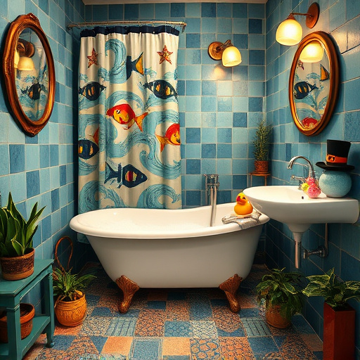 Alt text: A serene small bathroom remodel in Indian Land, South Carolina, showcasing a beautifully designed space with a vintage clawfoot bathtub illuminated by natural light from a stained-glass window featuring botanical patterns. The bathroom is adorned with vibrant green ferns and delicate white flowers, creating a tranquil ambiance. The walls are painted in soft sage and cream hues, complemented by elegant wainscoting and an ornate antique mirror reflecting the serene decor. Quirky elements include a ceramic soap dish shaped like a sea shell, a cheerful turquoise wooden stool, and whimsical hand-painted fish wall art. A frosted window reveals a glimpse of the soft hills and bright blue sky of South Carolina, enhancing the connection with nature. The soothing color palette of greens and warm shades embodies a cozy sanctuary, blending historical charm and modern sophistication.