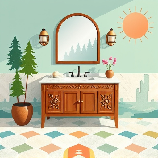 Alt text: Blog cover image showcasing a stylish bathroom vanity setup inspired by Stanley, North Carolina. The image features a beautifully crafted wooden vanity with intricate carvings and a sleek marble countertop, surrounded by geometric shapes and abstract forms symbolizing local flora and fauna, including pine trees and serene lakes in bold, vibrant colors. Playful elements, such as dancing water droplets around the sink and abstract tiles on the floor that shift colors, convey dynamic movement. A whimsical mirror reflects the vanity and abstract sunrays, creating an inviting atmosphere. The soothing background blends pastel blues and greens with geometric patterns that merge modern design and rustic charm, capturing the essence of a luxurious yet playful bathroom oasis in a sophisticated Geometric Abstraction art style.