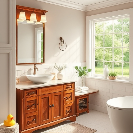 A visually striking Art Deco blog cover image inspired by "Bathroom Vanities in Badin, North Carolina," featuring an elegant bathroom that harmonizes vintage charm with modern sophistication. At the center is a stunning mahogany vanity with sharp geometric lines and intricate gold detailing, epitomizing the opulence of the Art Deco style. An ornate sunburst mirror enhances the glamour, complemented by soft, shimmering tiles in deep teal and muted gold, creating a serene yet luxurious atmosphere. The mood exudes sophistication and playfulness, inviting exploration of the blend between traditional craftsmanship and contemporary design. Quirky accessories, including a vintage peacock-shaped perfume bottle and whimsical potted succulents, add creative flair. The richly patterned wallpaper, adorned with subtle floral motifs, reflects local history and craftsmanship. Warm lighting casts gentle shadows, enhancing the inviting ambiance, while an elaborate Art Deco chandelier with colorful stained glass illuminates the space, encapsulating the essence of bathroom design in Badin, showcasing a harmonious mix of nostalgia and modern elegance.