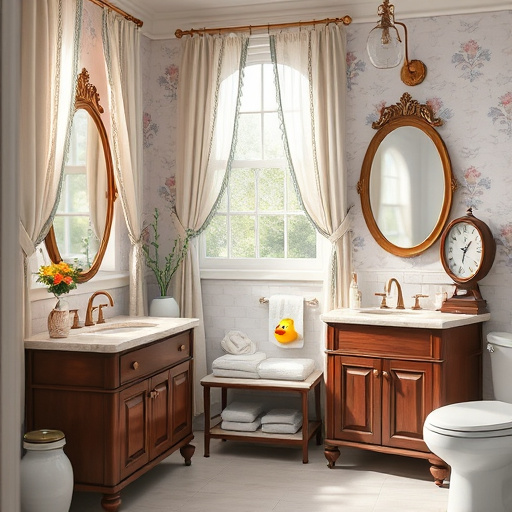 Alt text: A blog cover image highlighting 'Bathroom vanities in Mount Holly, North Carolina' features an elegant arrangement of diverse bathroom vanities, including rustic wooden styles, sleek modern designs, and vintage fixtures with stylish mirrors. The scene is set against a tranquil background that embodies southern charm, with lush greenery and soft lighting adding to the calming ambiance. Quirky details like wildlife-shaped soap dispensers, whimsical towels, and small potted plants introduce playful elements. A softly lit window in the background reveals the picturesque Mount Holly landscape with rolling hills or a serene lake, all depicted in rich, earthy colors of deep greens, soft browns, and warm whites, creating an inviting atmosphere that evokes comfort and well-being.