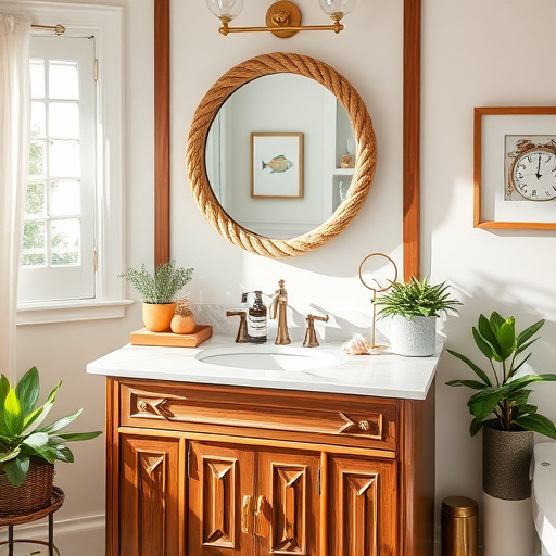 A luxurious bathroom vanity set in a Southern charm-inspired space featuring elegant wooden cabinetry with intricate carvings, a sleek white marble countertop, and vintage brass fixtures. The inviting scene includes decorative elements such as fragrant herbs in small pots, a knotted rope mirror frame reflecting sunlight, and coastal decor hints like seashells around the sink. Soft pastel colors, including seafoam greens and sandy beiges, complement warm wooden tones, creating a tranquil atmosphere. Lush potted plants and delicate curtains fluttering by the window suggest a gentle summer breeze. Whimsical details like a vintage clock shaped like a fish and quirky bathroom-themed artwork enhance the character of the space, making it feel homely and stylish, ideal for illustrating the essence of bathroom vanities in Marion, South Carolina.