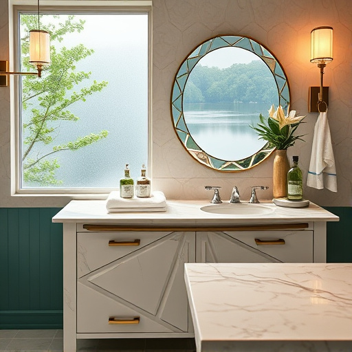 A vibrant PopArt illustration featuring a whimsical scene of various uniquely designed bathroom vanities set against the charming backdrop of McAdenville, North Carolina. The image showcases a mix of modern and vintage styles, adorned with quirky accents including colorful towels, oversized mirrors, playful decor items like rubber ducks and potted succulents. A bold color palette of reds, blues, and yellows creates a cheerful mood. The background depicts McAdenville's quaint village charm, complete with cozy cottages and twinkling fairy lights, reflecting the festive spirit. Quirky elements like a small dog peeking from behind a vanity and a whimsical bird perched on a mirror add personality and charm to the lively composition, inviting viewers into this engaging and cheerful atmosphere.