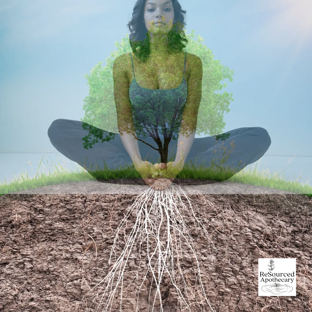 Woman in Butterfly pose superimposed over a tree with deep roots