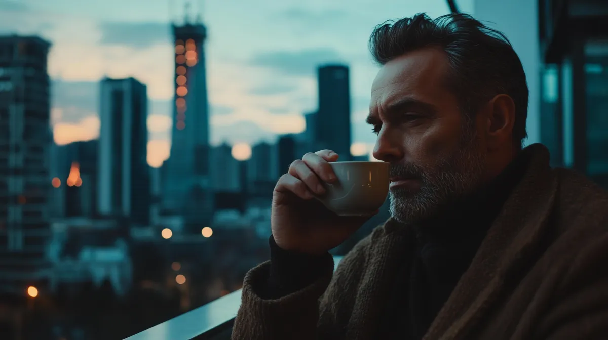 A veteran sits alone in a café with a brew, gazing thoughtfully out the window