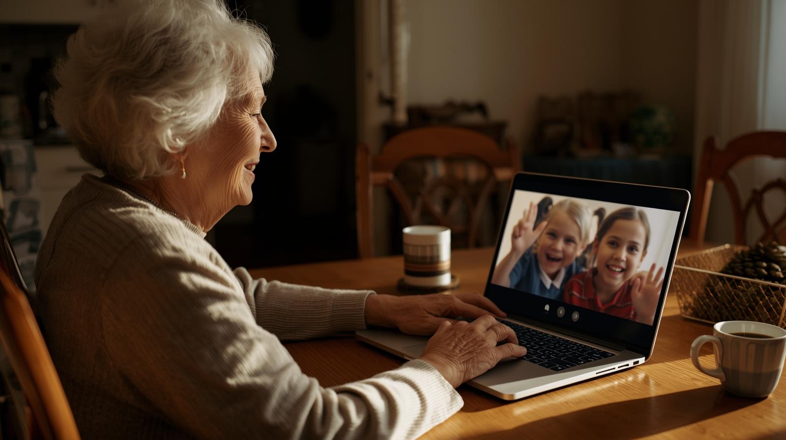 Older woman at home video chatting with her grandchildren on a laptop, representing long-distance caregiving and family connection