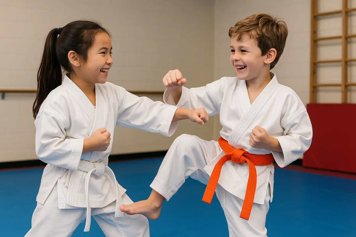 2 kids practicing martial arts