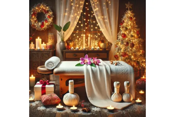 Peaceful spa setting with a massage table adorned in festive red and green Thai silk fabrics, surrounded by tropical plants, aromatherapy candles, and holiday accents like pine cones, creating a serene atmosphere for stress relief during the holiday season.