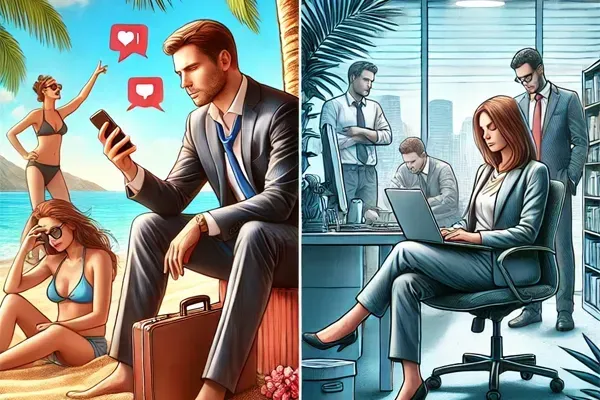 Comparison of a stressed business owner on vacation receiving calls and a relaxed owner with a smoothly running team.