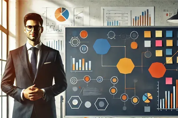 Business leader organizing processes on a whiteboard with flow diagrams and post-it notes in a bright office.