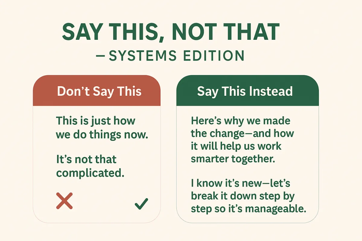Branded graphic showing split screen with red speech bubble ‘Don’t Say This’ and green speech bubble ‘Say This Instead’ – Systems Edition.