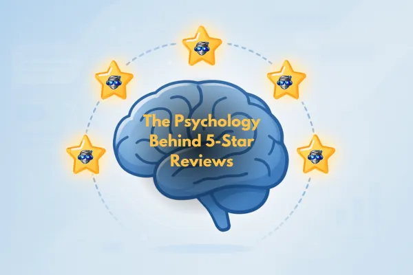 alt="Illustration of a human brain surrounded by glowing 5-star reviews with RevuBro icons, representing the psychology behind customer ratings"