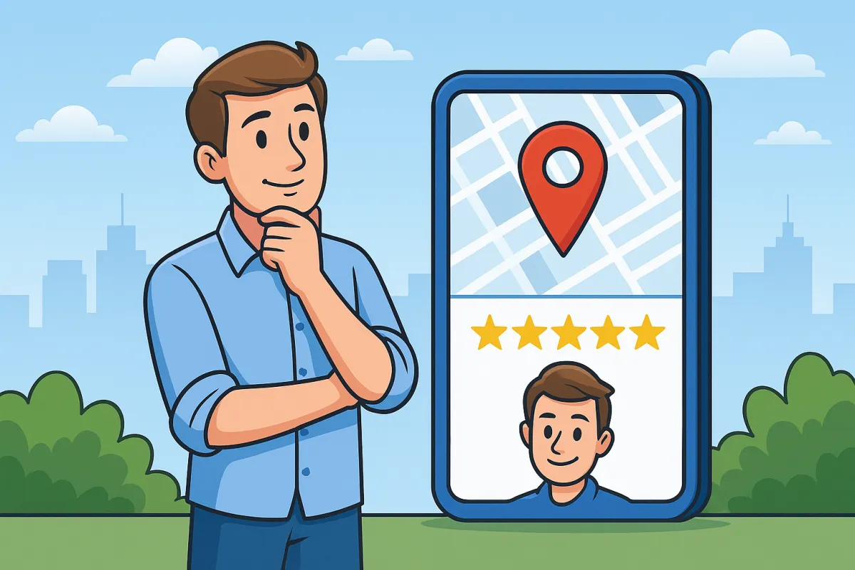 alt="Person looking at a smartphone map with 5-star reviews and a location pin, representing Google search visibility for local businesses"
