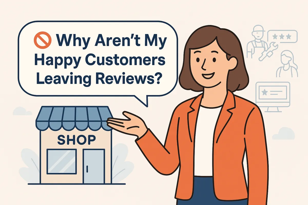Illustration of a business owner with review icons and the question: “Why Aren’t My Happy Customers Leaving Reviews?”