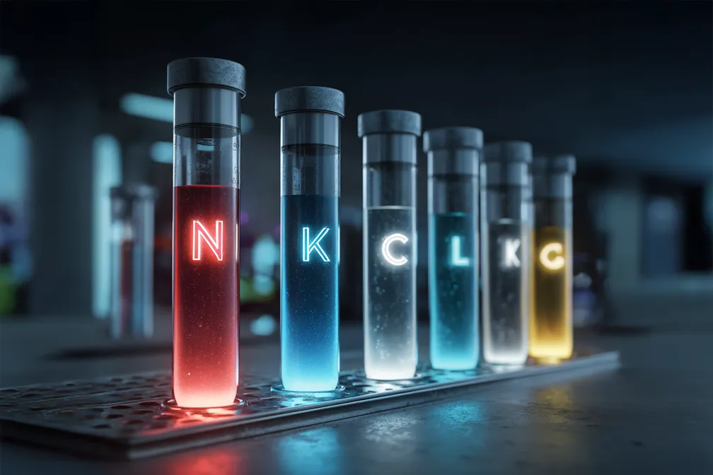Test tubes labeled Na, K, Cl on a lab bench, glowing chemical icons, clean clinical style