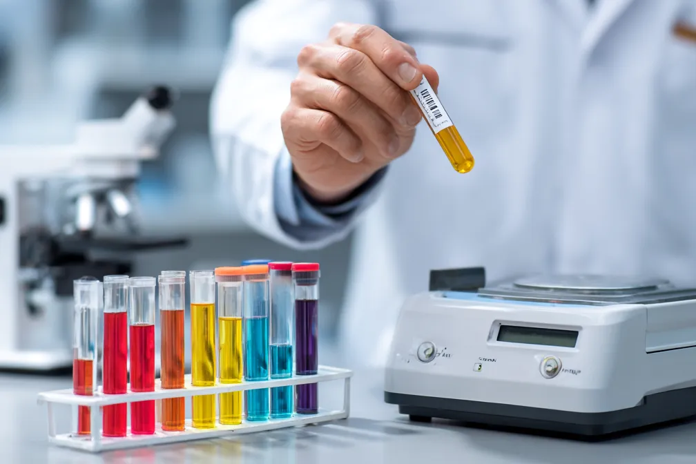 A doctor holding a test tube labeled glucose beside a lab spectrophotometer, bright clean medical style