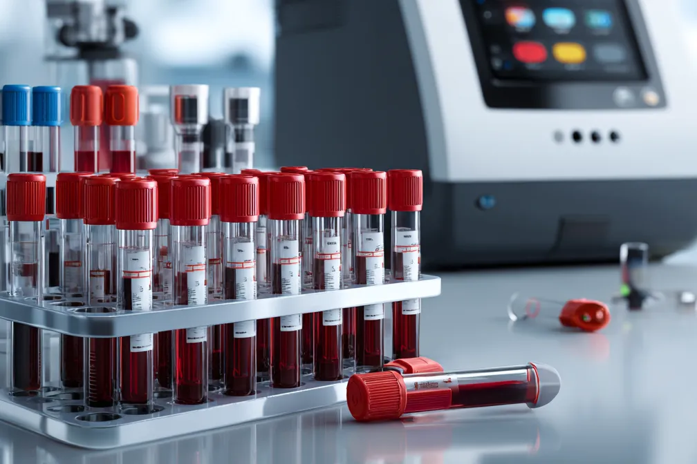 A modern medical laboratory scene showing vials of blood and a hematology analyzer, clean background, professional style
