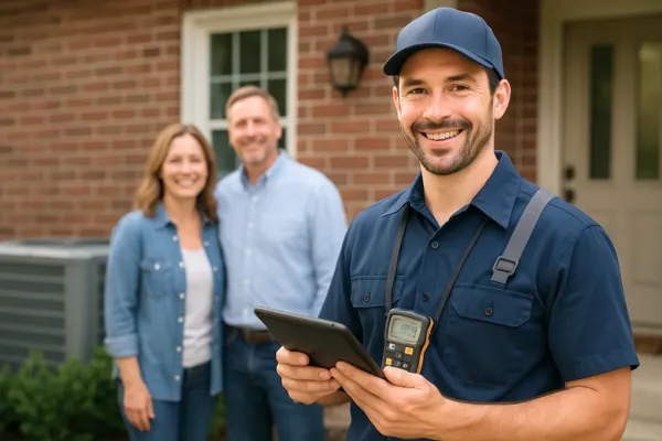 Smiling Ontario HVAC technician in navy uniform stands in front of a brick home holding a tablet and diagnostic tool, with happy homeowners and an outdoor AC unit in the background. Shows professional HVAC service, trusted local contractors, and the benefits of smart websites and SEO for getting more leads and jobs in 2025.