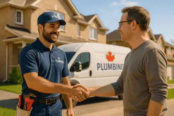 Smiling Ontario plumber shaking hands with a satisfied customer in front of a branded service van, symbolizing trust, local SEO, and job success.