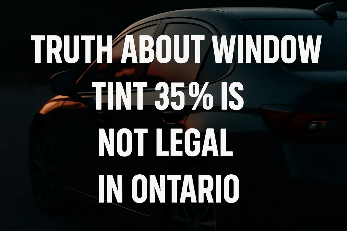 A digital graphic design features bold, capitalized text that reads “Truth About Window Tint Laws in Ontario” against a sleek backdrop of a tinted car window and Ontario license plate.