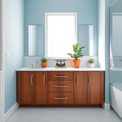 Alt Text: A serene and elegant bathroom featuring custom Renaissance-style wooden cabinets with intricate carvings of nature, exuding luxury. The high ceilings are adorned with vintage chandeliers casting warm golden light. A lavish freestanding bathtub is centered in the room, surrounded by potted hydrangeas and rosemary, enhancing the inviting atmosphere. The soft earthy color palette includes gentle greens and warm browns, creating a tranquil ambiance. Vintage mirrors with ornate frames reflect the beauty of the cabinetry and vibrant plants, adding depth. Whimsical golden birds nest among the cabinets, while delicate pastel draping curtains flutter in a gentle breeze. A large window allows soft sunlight to filter through, highlighting the refined craftsmanship and capturing the essence of luxury with rustic charm.