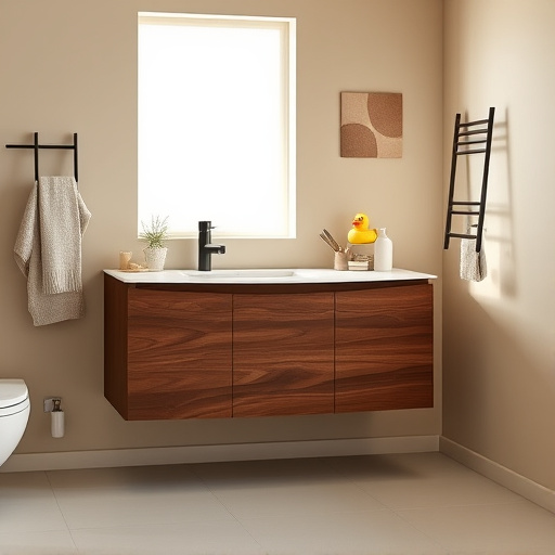 Luxurious bathroom scene featuring custom cabinets with intricate woodwork and sleek designs against soft, neutral-toned walls. Wisps of steam rise above a freestanding soaking tub, creating a serene atmosphere. A tranquil color palette of calming blues and whites harmonizes with natural light filtering through large, frosted windows with delicate botanical patterns. Vibrant green plants in stylish pots and neatly arranged plush towels on a rustic ladder add warmth. Glimmering metallic accents from fixtures and hardware enhance the upscale feel while maintaining minimalism. The overall mood is tranquil and sophisticated, inviting viewers to envision a personalized oasis of relaxation in a beautifully tailored setting, reflecting the experience of customizing a dream bathroom in Jurupa Valley, California.