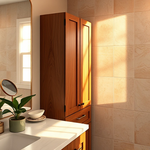 A vibrant digital art piece featuring a beautifully designed bathroom scene inspired by custom bathroom cabinets in La Verne, California. The artwork showcases various cabinet styles, merging sleek modern aesthetics with rustic charm, highlighted by intricate wood grains, stylish handles, and sophisticated finishes. The atmosphere conveys professionalism and warmth, appealing to homeowners seeking elegant upgrades. Quirky details include whimsical plant pots on the counter, playful geometric patterned tiles, and a framed cartoon cat lounging in a bathtub, adding personality. A sunny La Verne landscape is visible through a large window, with swaying palm trees creating an airy feel. Soft pastel wall colors evoke calmness, complemented by warm lighting that enhances the cabinet finishes. The contemporary digital art style features smooth textures and a saturated color palette, embodying a tranquil yet sophisticated bathroom mood.