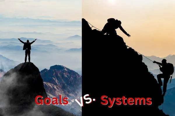 Man celebrating atop a mountain representing goals, and climbers working together symbolising systems.