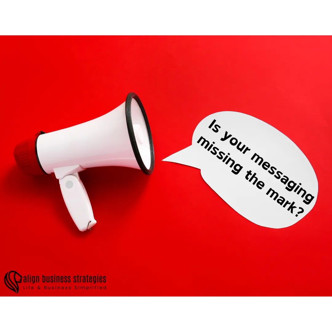 Megaphone with speech bubble saying, "Is your messaging missing the mark?" on a bright red background. Represents effective messaging strategies.