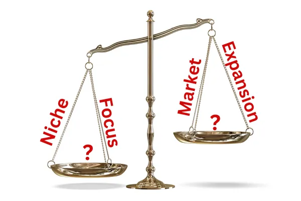 A golden balance scale with 'Niche' and 'Focus' on the left side, and 'Market' and 'Expansion' on the right side. Question marks are placed on both sides, symbolizing the challenge of balancing niche focus with market expansion in business strategy.