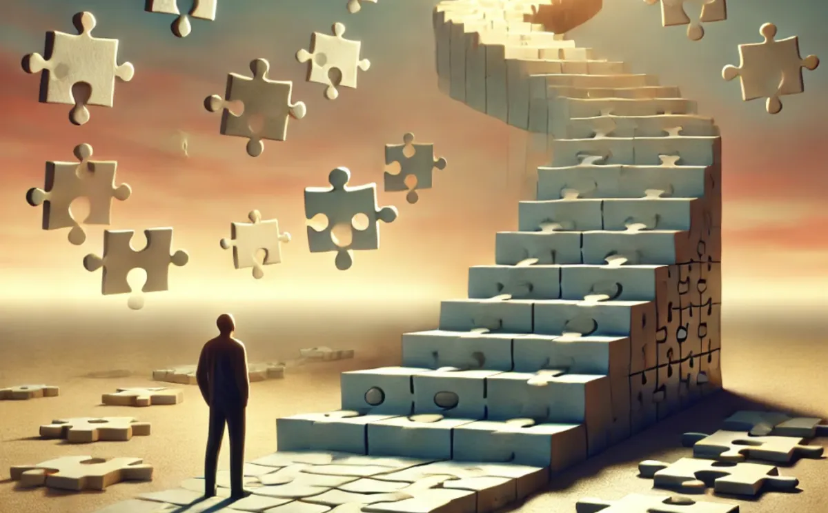 Man going up puzzling stairs
