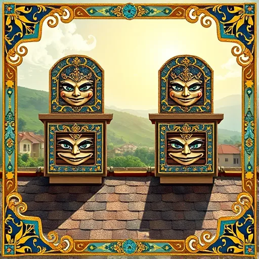 A whimsical, detailed illustration of four Byzantine-style soffit exhaust vents on a sunny suburban roof. Each vent features intricate gold and azure patterns, with expressive, mischievous faces displaying sly smiles, adding personality and humor. The background depicts a vibrant mosaic landscape of rolling hills, lush greenery, and bright, swirling clouds under a clear sky. Elaborate geometric borders with stylized vines and floral motifs frame the scene, highlighting craftsmanship. The vents are embellished with tiny colorful tiles and delicate filigree details, showcasing opulence and artistry. The color palette includes shimmering golds, deep blues, turquoise accents, and warm earthy tones, combining Byzantine grandeur with playful modern charm. The overall image exudes personality and curiosity, perfect as a vibrant blog cover blending classical Byzantine aesthetics with contemporary whimsy.