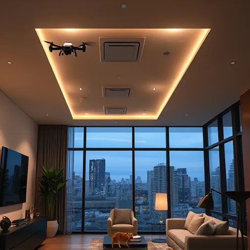 A modern, sleek interior featuring a minimalist soffit panel integrated into the ceiling, housing smart home devices such as ambient lighting fixtures emitting warm glows, discreet sensors, and small wireless hubs. The soffit is constructed from smooth matte materials with subtle grooves, blending seamlessly into the ceiling to serve as a hidden command center. In the background, a stylish living room is visible, decorated with contemporary furniture, lush indoor plants, and large windows showing a cityscape at dusk with softly lit skyline, creating a calm and inviting atmosphere. Quirky details include a tiny drone hovering nearby, monitoring the space, and a playful cat pawing at a sensor, adding lively personality to the scene. Patterned cables are subtly woven into the soffit, enhancing visual interest. The scene's realistic art style captures rich textures and balanced colors—warm neutrals, cool blues, and metallic accents—highlighting modern elegance and innovative home technology, emphasizing the harmony between advanced systems and comfortable living.