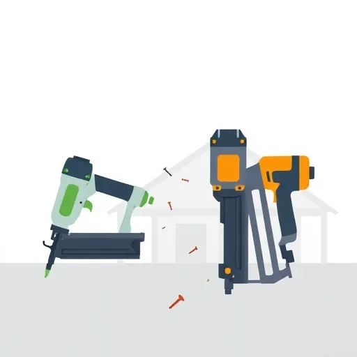 A sleek, minimalist illustration comparing a siding nailer and a framing nailer against a soft gradient background transitioning from light blue to muted gray. The siding nailer features slim, elegant lines with subtle green accents, highlighting exterior application use, while the framing nailer appears chunkier with bold, angular shapes and warm orange highlights, emphasizing durability. Playful cartoon-style miniature nails with tiny faces and limbs bounce between the tools, adding humor and personality. In the background, faint abstract outlines suggest a house under construction, reinforcing the theme. The overall design uses clean shapes and a limited color palette of cool blues, greens, warm oranges, and soft neutrals, creating a professional and balanced look suited for a blog cover about power tools.