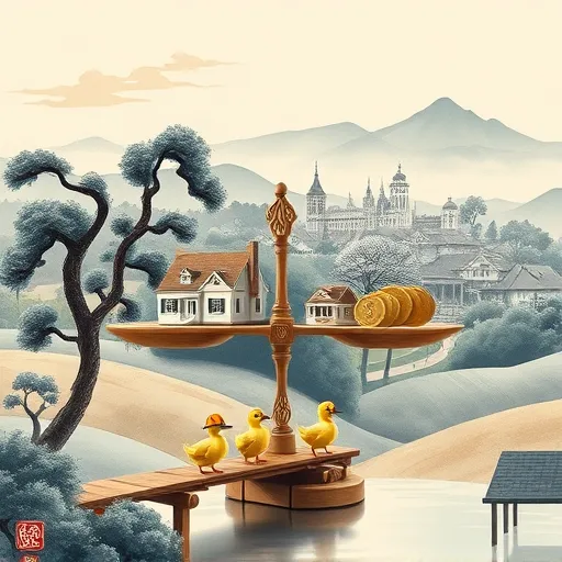 A Chinese Brush Painting-style illustration depicting siding costs in Clermont, Florida. The scene features a stylized Florida landscape with gently rolling hills, lush cypress trees with Spanish moss, and distant Clermont town rooftops and spires blending into misty mountains. In the foreground, an ornate wooden scale balances miniature house facades representing different siding materials on one side and shimmering coins and dollar signs with gold accents on the other, symbolizing cost analysis. Playful details include tiny construction helmet-wearing ducks crossing a rustic wooden bridge. The sky showcases soft gradients of blue and peach, creating a calm, optimistic mood. Natural elements are rendered in deep indigos, earthy browns, and moss greens, with traditional Chinese ink clouds framing the scene to emphasize elegance, cultural richness, and the theme of siding expenses in Clermont, Florida.