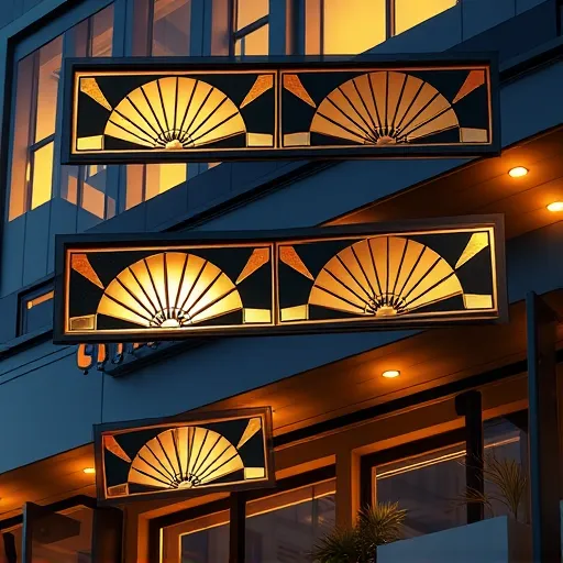 A visually striking image of soffit trim pieces featuring intricate Art Deco motifs such as sunbursts, zigzags, and fan shapes, rendered in polished gold, deep black, and soft cream tones. The trims are arranged in a symmetrical, decorative pattern against a modern building facade with sharp lines and angular architecture. Warm ambient lighting highlights their metallic sheen and detailed craftsmanship. Subtle whimsical details like stylized architectural feathers and playful cloud motifs add a sense of charm. The scene suggests an upscale urban setting or vintage-inspired rooftop terrace, accented with streamlined palm trees and potted plants for a touch of sophistication. The composition combines geometric precision with decorative elegance, emphasizing the artistic design and luxurious aesthetic of soffit trim as both functional and decorative architectural elements in a refined, timeless style.