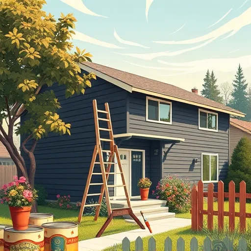 A whimsical, vintage-inspired scene illustrating the transformation of a cozy mid-century suburban home with horizontal vinyl siding being painted a rich, dark charcoal or midnight blue. A cheerful painter's ladder, decorated with a painted flower pot and a paintbrush, leans against the house. Scattered around the lush yard are vintage paint cans with playful, exaggerated labels, some spilled to reveal vibrant, glossy paint. The yard features stylized greenery, including a swirling leafy tree, colorful wildflower beds, and a curved picket fence, all in warm, muted tones reminiscent of Arts and Crafts aesthetics. In the background, a clear sky with softly swirling clouds and gentle sunlight create an optimistic atmosphere. Decorative motifs resembling stained glass patterns appear on the siding, enhancing the handcrafted charm. The overall scene exudes inviting, playful craftsmanship, emphasizing creative home improvement with flowing lines, harmonious color blocks, and natural textures in a warm, earthy color palette.