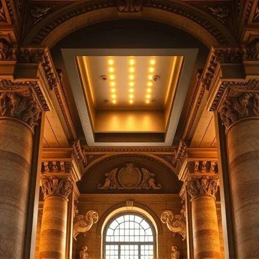 A detailed architectural cross-section illustration of a modern soffit light housing for LED fixtures, rendered in a High Renaissance art style with warm golds, rich browns, and subtle shadows. The scene showcases an elegant metal housing seamlessly integrated into a classical column or archway, blending Renaissance grandeur with contemporary lighting technology. Tiny LED modules emit a soft amber glow, adding a gentle warmth to the sophisticated environment. Playful wisps of light dance whimsically from the fixtures, enhancing the scene's lively yet refined character. The setting features an ornate interior hall or outdoor pavilion with polished stone or marble textures, highlighted by reflections and diffuse lighting that create depth and sculptural beauty. Classical decorative motifs and sculptures subtly adorn the background, contrasting elegantly with sleek, minimalist metallic components, emphasizing the harmony between timeless artistry and modern innovation in LED lighting solutions.