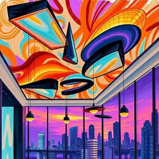 A vibrant, expressive digital illustration depicting modern soffit design trends for 2025 in an interior space. The scene features exaggerated, flowing lines illustrating a variety of innovative soffit styles, including angular minimalist and curvaceous playful forms, all rendered with dynamic brushstrokes that convey movement and energy. The soffits are decorated with abstract, futuristic patterns in shades of teal, caramel, and burnt orange, creating lively contrast. Floating architectural elements are accompanied by whimsical shapes and miniature light fixtures resembling orbs, with curved shadows casting dramatic, elongated effects. The background showcases a textured cityscape silhouette at dusk, painted in deep purples and oranges with metallic accents, evoking anticipation and innovation. Overall, the composition exudes curiosity and forward-looking excitement, blending intense emotion with a chaotic yet harmonious view of future soffit design trends.