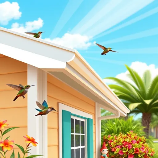 A vibrant digital illustration of siding fascia on a charming Florida home in Groveland. The image features close-up, freshly painted fascia boards with detailed textures in sandy beige and crisp white trim. Tropical greenery, blooming flowers, and lush plants frame the house under a bright blue sky with fluffy white clouds. Playful touches include a curious squirrel inspecting a nail, a hummingbird perched nearby, a vintage garden gnome peeking from a shrub, and a colorful butterfly fluttering over the fascia. The lively, slightly exaggerated colors emphasize natural beauty and cheerful simplicity, capturing the essence of Florida craftsmanship and outdoor charm.