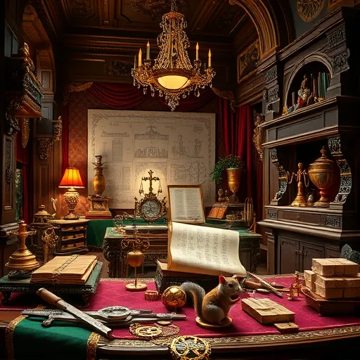 A luxurious Baroque-style scene depicting a grand, ornate workshop filled with gilded tools and intricate measuring instruments arranged on richly carved wooden tables draped with deep jewel-toned velvet cloths. Instead of human figures, whimsical anthropomorphic construction materials are featured—animated wooden planks with expressive faces, shimmering metal gears with exaggerated eyes, and glowing stone bricks that appear to dance and interact, creating a lively, magical environment. In the background, detailed architectural sketches and blueprints unfurl amidst baroque flourishes such as scrolls, cherubs, and swirling ornamental motifs, enhancing the sense of grandeur and craftsmanship. A tiny mischievous squirrel wearing a powder wig examines a scroll of price calculations, while a vintage balance scale playfully tips with miniature copper coins and shiny gold bars, highlighting themes of playful precision in cost estimation. The lavish chamber is decorated with elaborate moldings, gold leaf accents, and softly glowing chandeliers casting warm, inviting light. Rich, deep colors—including emerald greens, royal purples, brushed golds, and crimson reds—imbue the scene with opulence and craftsmanship. The art style emphasizes dramatic contrasts of light and shadow, ornate detail, and majestic complexity, capturing a whimsical, elegant tableau of a magical siding cost calculator blending labor and materials.