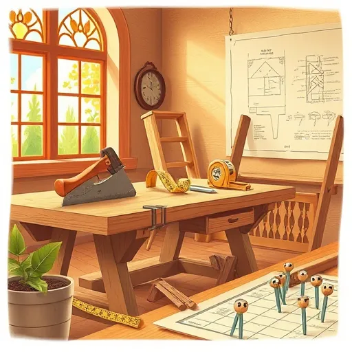 A detailed illustration of a carpenter's workspace focused on soffit framing, designed in the Arts and Crafts Movement style. The scene features a vintage wooden workbench with ornate patterns, surrounded by traditional carpentry tools like chisels, mallets, a hand saw, and measuring tapes, all decorated with stylized decorative motifs. Nearby, delicate wooden frames and geometric lattice structures showcase the craftsmanship involved in soffit installation. The cozy workshop is sunlit by stained-glass windows casting colorful patterns onto warm-toned walls, creating an inviting atmosphere. Playful elements include animated wooden pins and nails with expressive faces aiding in construction. A vintage blueprint with soffit framing sketches hangs on the wall, adding a sense of tradition. The color palette consists of earthy tones such as burnt sienna, moss green, ochre, and muted terracotta, enhancing the vintage and handcrafted aesthetic. Decorative floral motifs and angular geometric accents embellish the scene, embodying the Arts and Crafts style's artistic flair. Overall, the image conveys a mood of calm dedication and nostalgic craftsmanship, ideal for a blog cover on mastering soffit framing techniques.