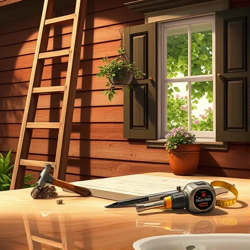 A detailed High Renaissance-style illustration showing the process of attaching siding utility trim on a traditional house facade. The scene features a wooden ladder leaning against a classic cottage with weathered, textured siding in warm earth tones—browns, reds, and ochres—highlighting craftsmanship. A partially installed ornate utility trim with carved motifs and subtle gilded accents decorates the wall, blending functionality with Renaissance ornamentation. Surrounding tools such as a hammer, chisel, measuring tape, and level are neatly arranged on a polished wooden worktable, emphasizing precision. The foreground presents a reflective marble-like surface with gentle shadows cast by warm golden light filtering through an unseen window, creating a calm, focused atmosphere. In the background, lush foliage is visible through an open window, adding natural vitality with delicately rendered leaves and blooms. Quirky details include a tiny insect perched on the trim and a patterned bandana on the workman's tool belt, adding personality and humor. The overall composition conveys mastery and reverence for traditional building techniques, with a rich color palette emphasizing harmony, balance, and depth typical of the High Renaissance style, celebrating craftsmanship and artistic precision.