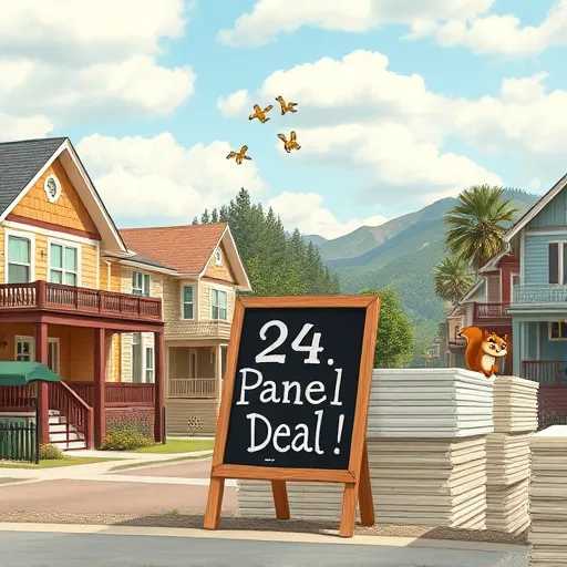 A vibrant semi-urban neighborhood scene illustrated in SocialRealism style, featuring colorful houses with prominently visible soffit panels, some decorated with small whimsical patterns or faces. In the foreground, a large vintage chalkboard sign displays "24 Panel Deal!" in bold, imperfect hand-lettered text, surrounded by playful doodles of tools like a hammer and paintbrush. Neatly arranged stacks of soffit panels in shades of beige, white, and gray sit along a busy street, emphasizing abundance and bulk pricing. The scene is bathed in soft, earthy tones with filtered light from partly cloudy skies, casting gentle shadows on textured panels and structures. Quirky details include a cheerful cartoon squirrel peeking from behind panels and a fluttering price tag, adding personality. This lively, approachable depiction highlights the value and accessibility of purchasing soffit panels in bulk, combining realism with whimsical touches for an engaging visual.